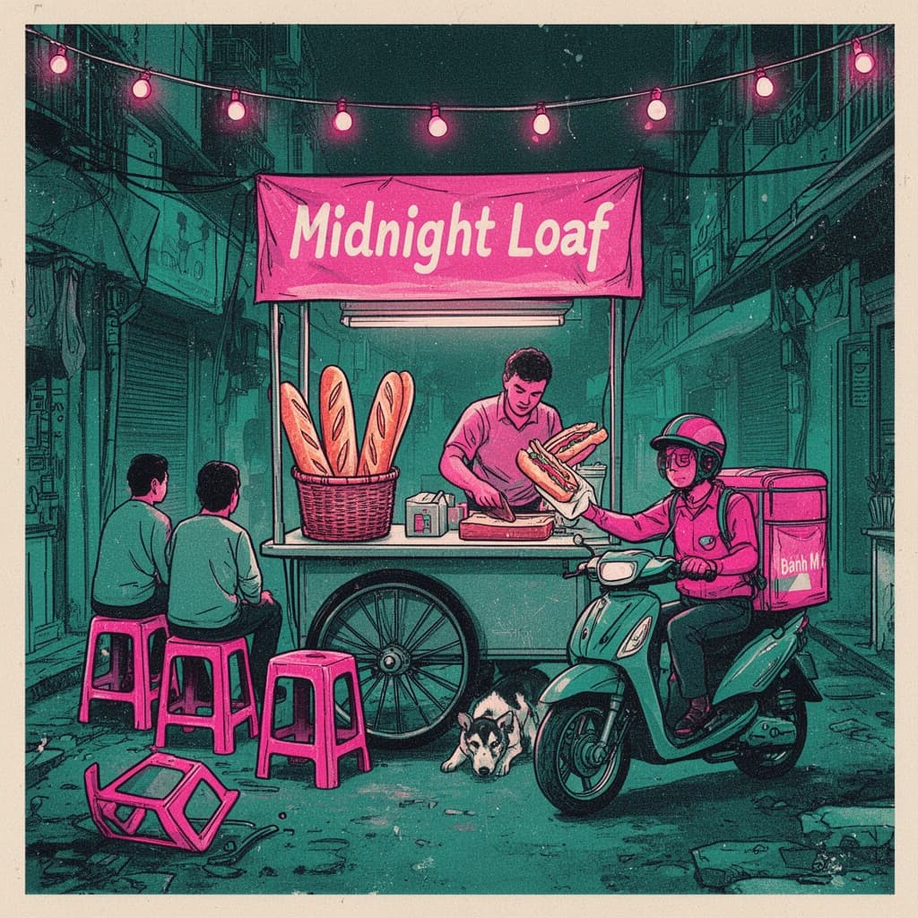 Two-color risograph print key art in fluorescent pink and teal with visible misregistration and paper grain, for a street food courier game. A night market alley: the banh mi cart at center with three baguettes standing upright in a basket and two more being sliced by the vendor, who hands one wrapped sandwich down to a courier straddling a scooter. Four plastic stools in front of the cart, three occupied and the one nearest the gutter tipped over. Two strings of bulbs cross overhead. A dog waits under the cart axle. The stall banner reads "Midnight Loaf".