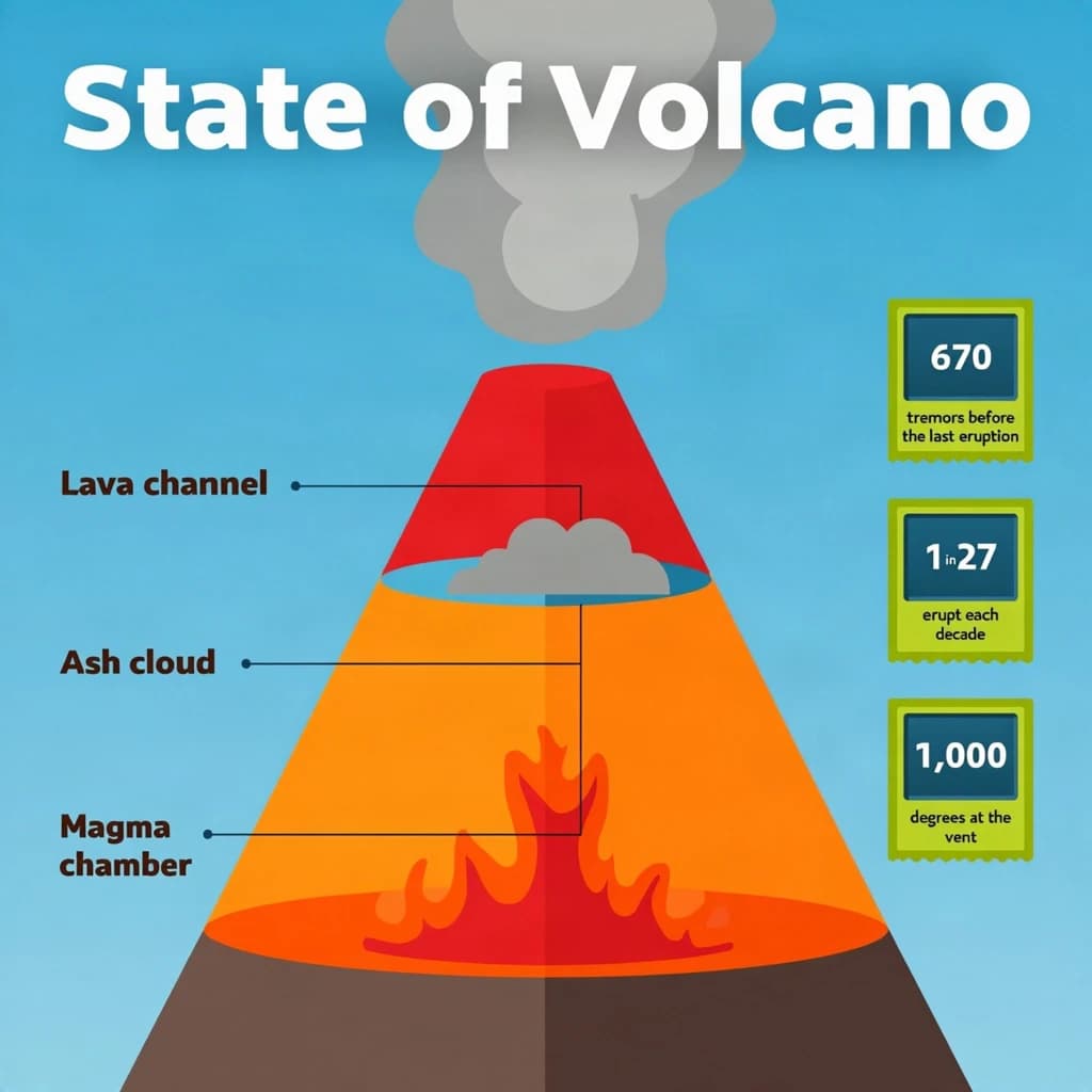 Flat vector illustration titled "State of Volcano": at the center a cutaway cone, carrying three keyed regions, "Lava channel" shaded red, "Ash cloud" shaded gray and "Magma chamber" shaded orange, beside a right column of three stat chips reading "670 tremors before the last eruption", "1 in 27 erupt each decade" and "1,000 degrees at the vent".