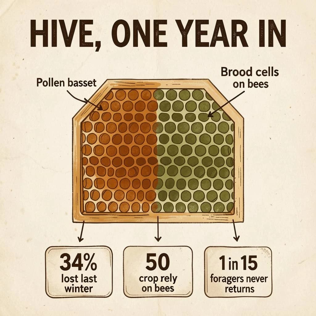 Printed poster titled "Hive, One Year In": at the center a cutaway of a hive frame, carrying two keyed regions, "Pollen basket" shaded amber and "Brood cells" shaded olive, beside a bottom row of three stat chips reading "34% of hives lost last winter", "50 crops rely on bees" and "1 in 15 foragers never returns".