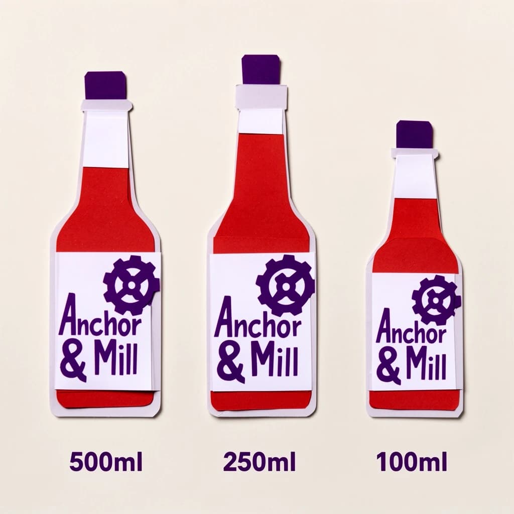 Cut-paper collage of the same hot-sauce bottle drawn in three sizes, captioned "500ml", "250ml" and "100ml", every size carrying the wordmark "Anchor & Mill" with a six-tooth gear mark beside it in the same purple-and-white coloring, only the bottle size changing.