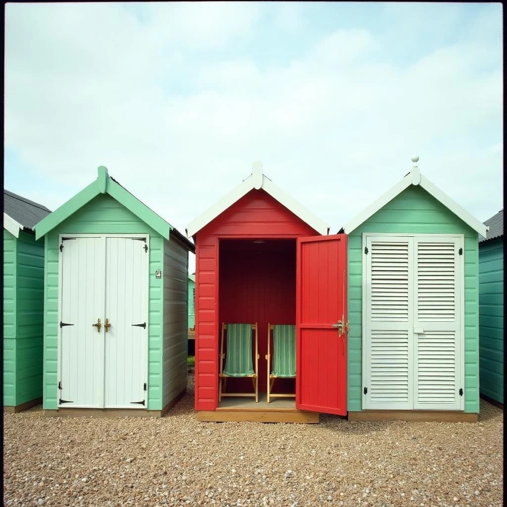 35mm film photo of seven beach huts in a row on a shingle bank. The three left huts are mint green with white doors, the middle one is red with its doors open showing two deckchairs inside, the three right huts are pale blue and shuttered.