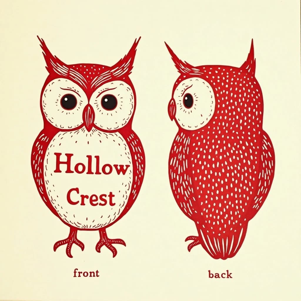 Linocut print: one bookstore owl mascot in three views. The views are captioned "front", "side" and "back" in that order. The wordmark "Hollow Crest" appears on every view with a small anchor mark beside it. The red-and-cream coloring is the same across every view, and only the angle changes.