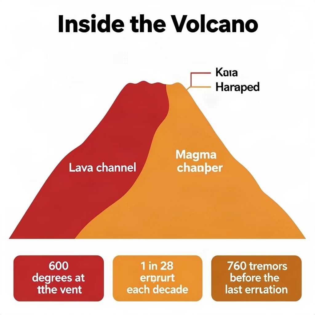Flat infographic titled "Inside the Volcano". A simplified hazard map of the slopes sits at the center, carrying two keyed regions, "Lava channel" shaded red and "Magma chamber" shaded orange. Three stat chips run down a bottom row, reading "600 degrees at the vent", "1 in 28 erupt each decade" and "760 tremors before the last eruption". Each key color matches the shading of the region it names.