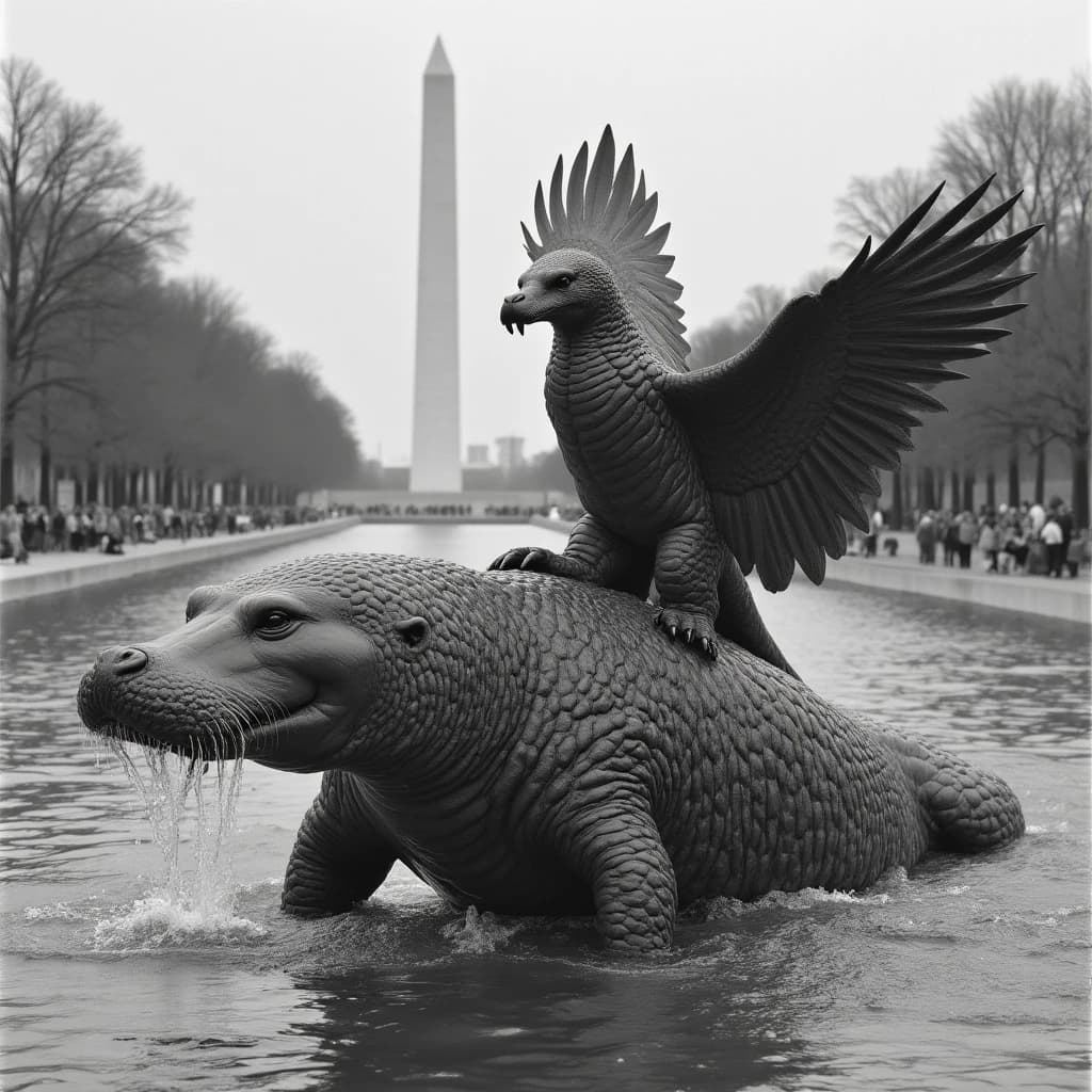 Manatee and Thunderbird in Washington, D.C., United States in the style of black and white