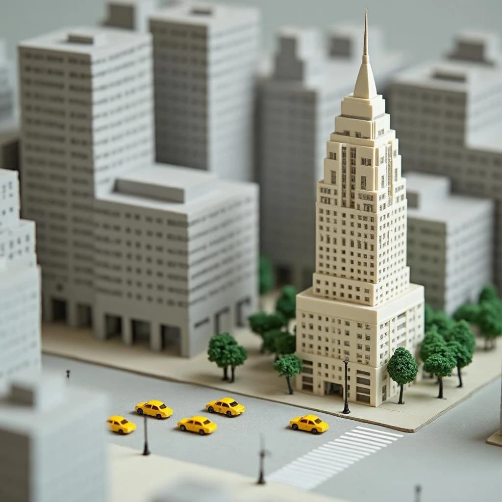 Tilt shift photograph of a hand built architectural scale model of a Midtown Manhattan block, studio lit from the upper left.
The Chrysler Building stands on the corner in polished silver card with its stepped crown and triangular windows. Directly across the street sits a proposed cream limestone tower, two floors shorter, topped by a stepped roof garden. Between them four smaller grey massing blocks in plain foam. Six tiny yellow cabs on the avenue, three stopped at the crossing and three queued behind, with a line of green model trees down the median.