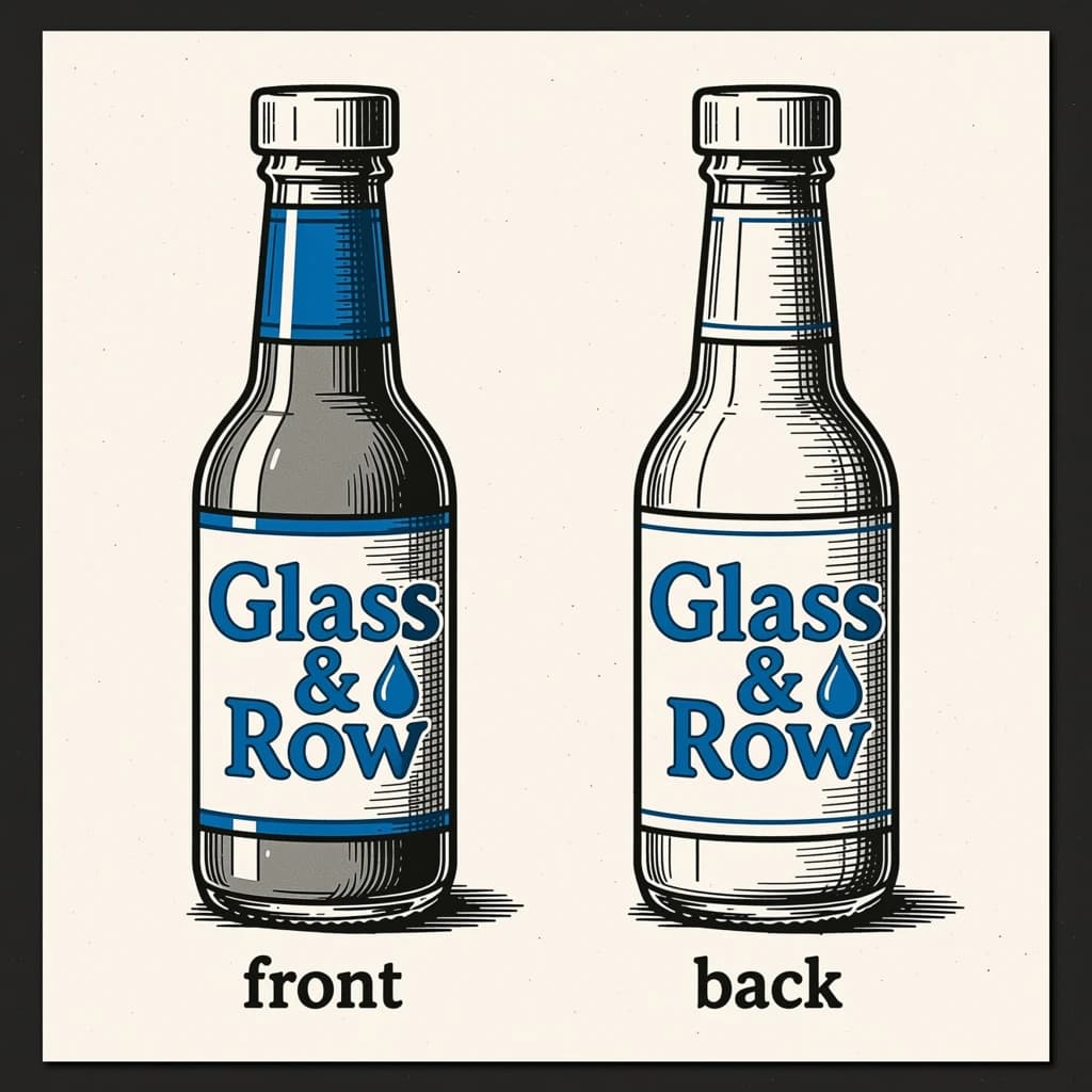Printed poster of the same hot-sauce bottle drawn in two views, captioned "front" and "back", every view carrying the wordmark "Glass & Row" with a single droplet symbol beside it in the same blue-and-silver coloring, only the angle changing.