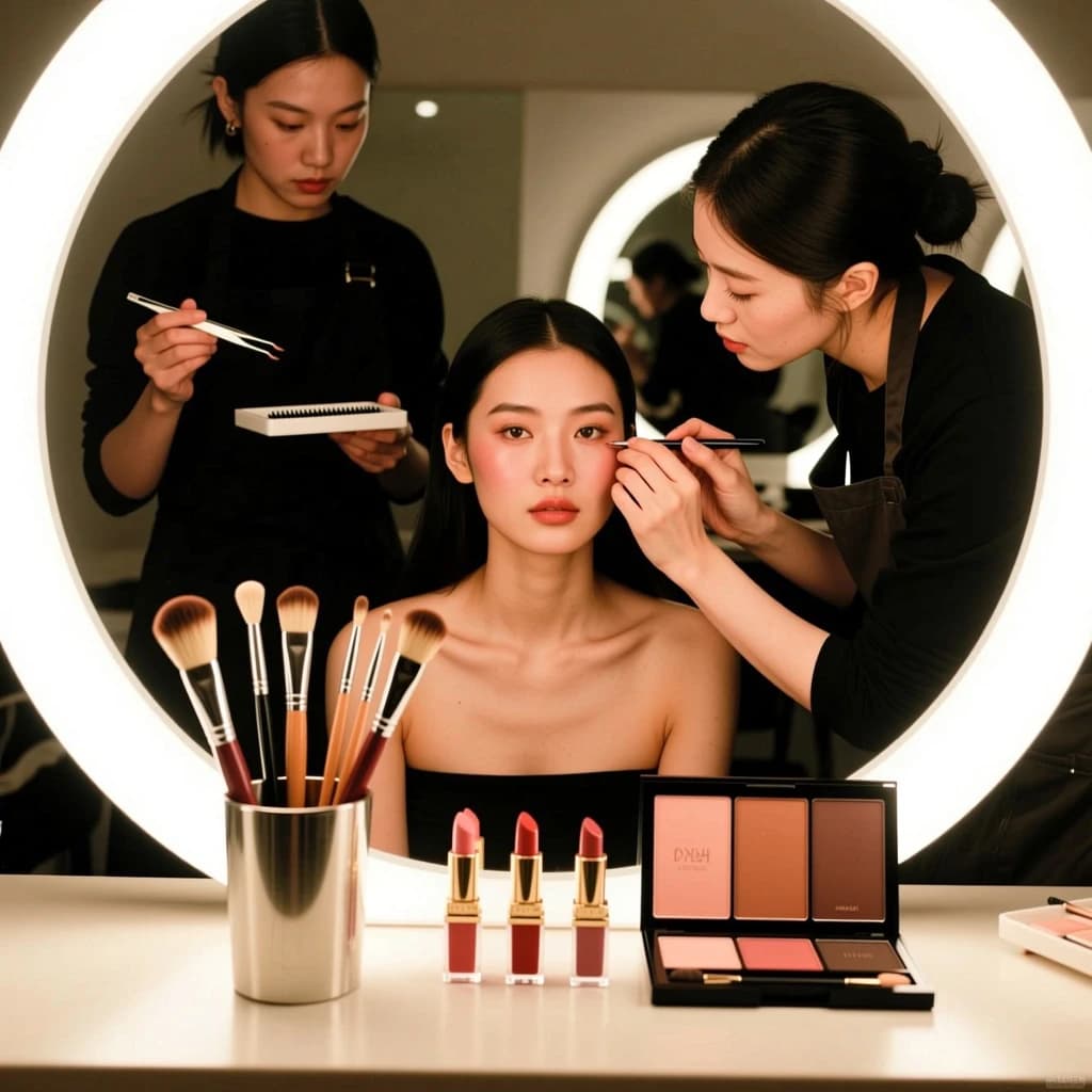 Fashion photograph at a backstage vanity lit by a ring light. A makeup artist in a black apron leans in from the right and blends cream blush into a seated model's cheekbone with her fingers, while a second artist standing behind them holds a lash tray in one hand and tweezers in the other, mid pick. On the counter between them: six brushes standing bristle up in a metal cup, three lipstick bullets lying in a row with their caps off beside them, and one open palette showing two used shades and four untouched. Warm skin tones, glossy highlights, shallow depth of field.