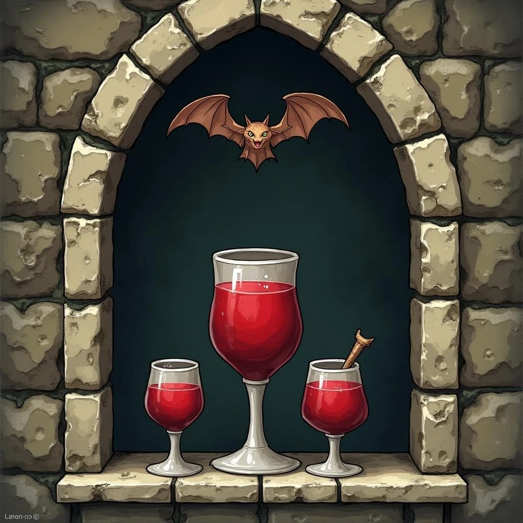 Gothic key-item illustration for a vampire card game: a stone niche with a pointed arch, three goblets on the ledge, the tall center one brimming with red wine, the two squat ones either side bone dry, and a bat hanging from the arch directly above the full goblet.