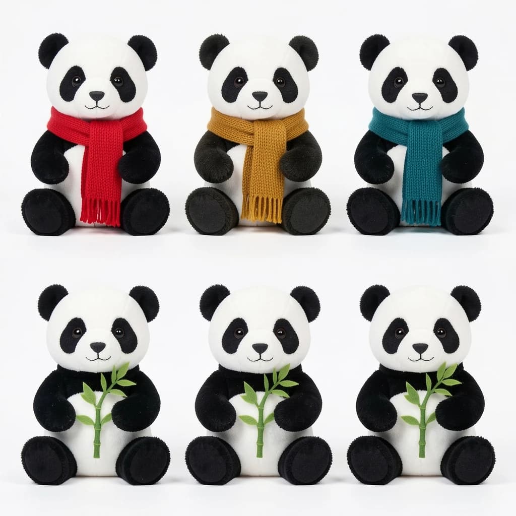 Studio product photography, plain white variant grid: six panda plushes in two rows of three, all seated facing camera. The top row wears knit scarves in red, mustard and teal. The bottom three wear no scarves, each holding a small felt bamboo shoot.