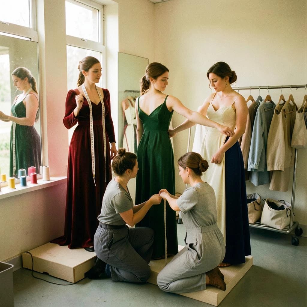 35mm film photograph, wardrobe fitting room, warm late afternoon window light and soft grain. Three actresses stand on low platforms in front of a three-panel mirror. The one in the red velvet gown has a cloth tape measure draped around her neck. A seamstress kneels beside the one in the green gown, measuring her hem with a second tape measure. The third actress, in an unfinished cream bodice, holds both arms out while another seamstress pins her sleeve. Six spools of thread line the windowsill, and only the two at the right end are unwound. A rolling rack behind them carries eight garment bags, one of them unzipped.
