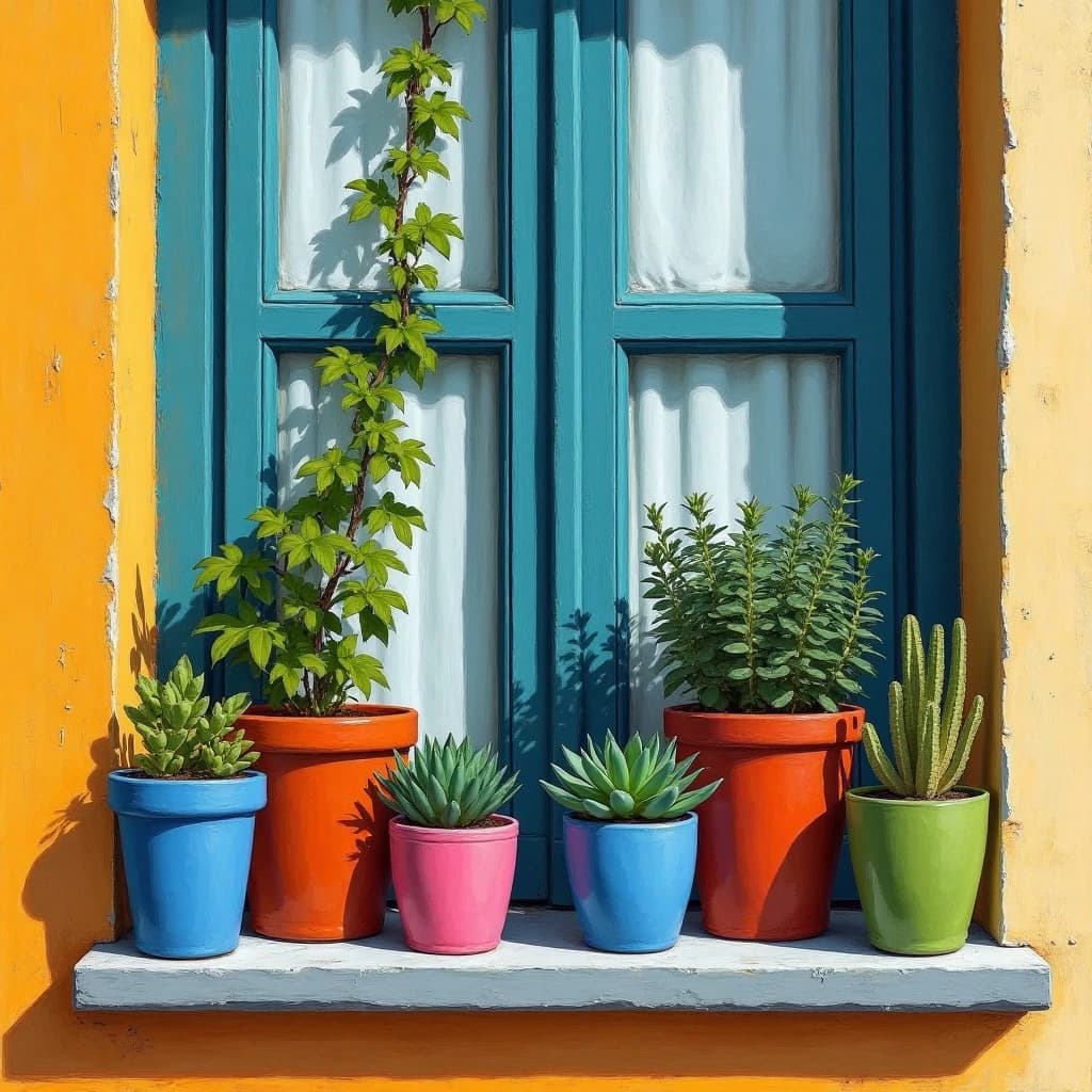 Fauvist feed post: a windowsill shelf with six potted plants, the three terracotta pots holding trailing vines and the three glazed blue pots holding upright succulents, painted in violent orange, pink and green. Only the tallest vine reaches the curtain.