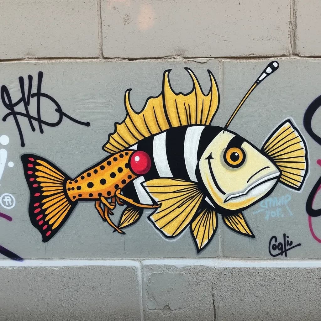 Fungus Gnat and Banded Rudderfish in Rome, Italy in the style of graffiti