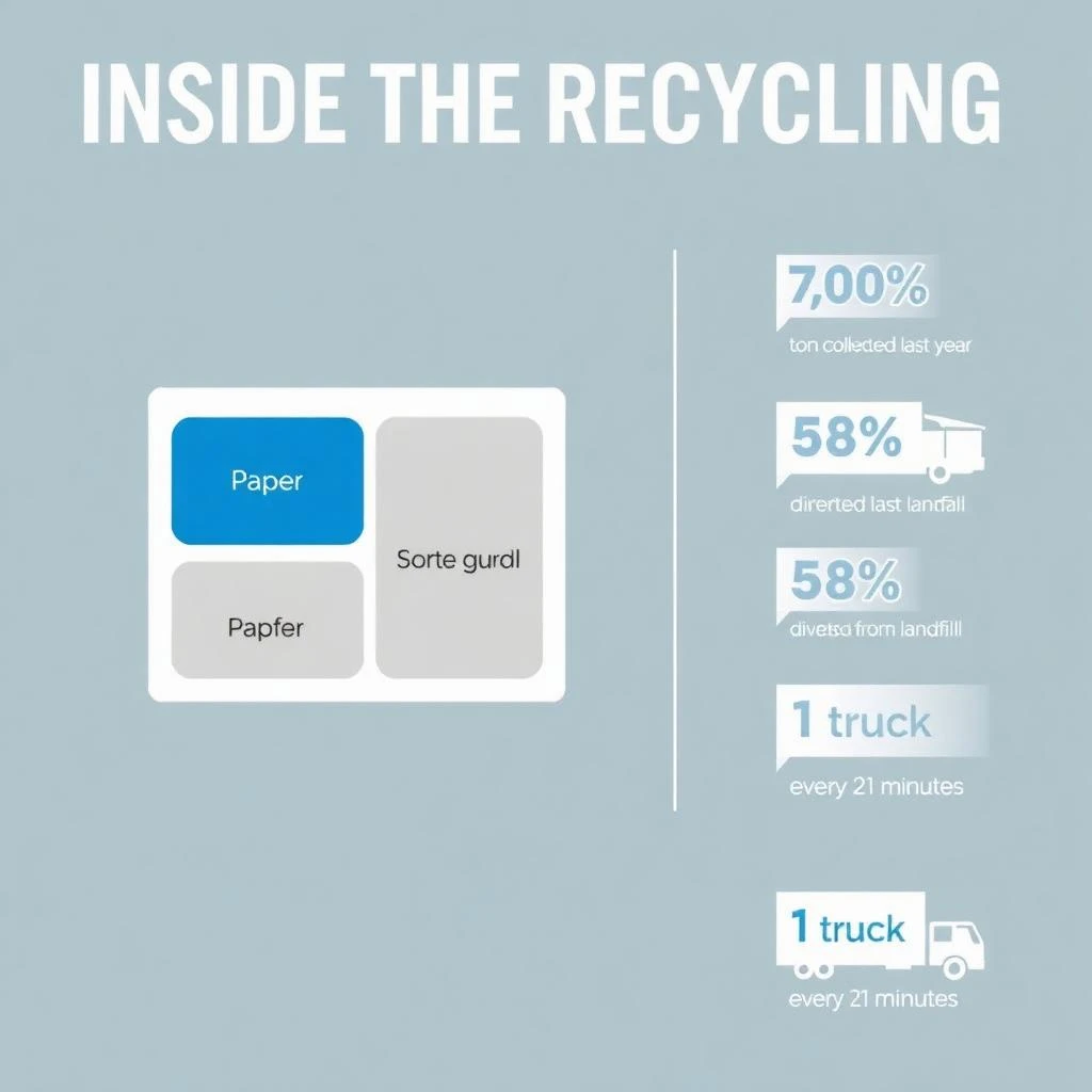 Flat infographic titled "Inside the Recycling": at the center a flow chart from curb to sorting floor, carrying two keyed regions, "Paper" shaded blue and "Landfill" shaded gray, beside a right column of three stat chips reading "7,000 tons collected last year", "58% diverted from landfill" and "1 truck every 21 minutes".