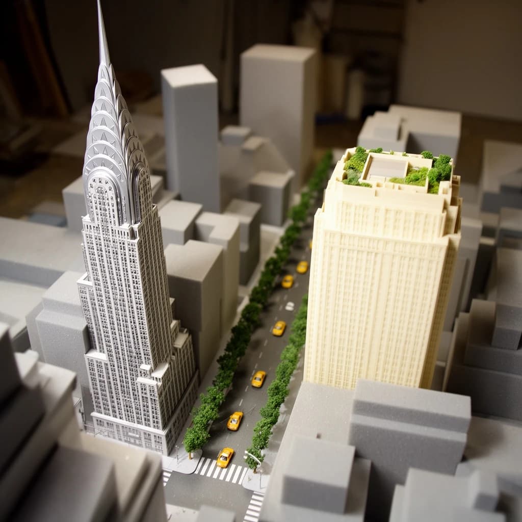 Tilt shift photograph of a hand built architectural scale model of a Midtown Manhattan block, studio lit from the upper left.
The Chrysler Building stands on the corner in polished silver card with its stepped crown and triangular windows. Directly across the street sits a proposed cream limestone tower, two floors shorter, topped by a stepped roof garden. Between them four smaller grey massing blocks in plain foam. Six tiny yellow cabs on the avenue, three stopped at the crossing and three queued behind, with a line of green model trees down the median.