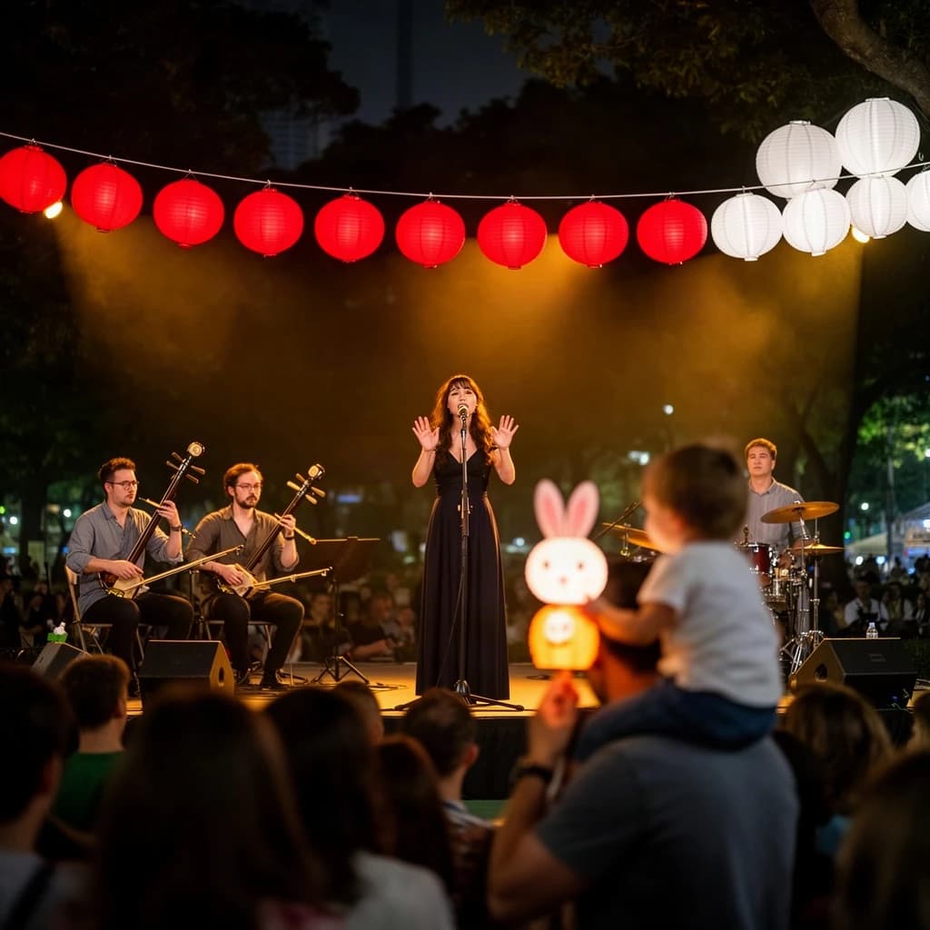 Concert photography, a Mid-Autumn Festival night in a Hong Kong park, shot from inside the crowd toward a low stage lit by warm floods. A singer at the centre microphone holds a note with both hands off the stand; on her left two erhu players sit side by side, on her right a single drummer stands. Eleven paper lanterns hang above the stage, the seven red ones strung in a line and the four white ones clustered at the right end. In the near foreground, out of focus, a child on a father's shoulders holds a rabbit lantern.