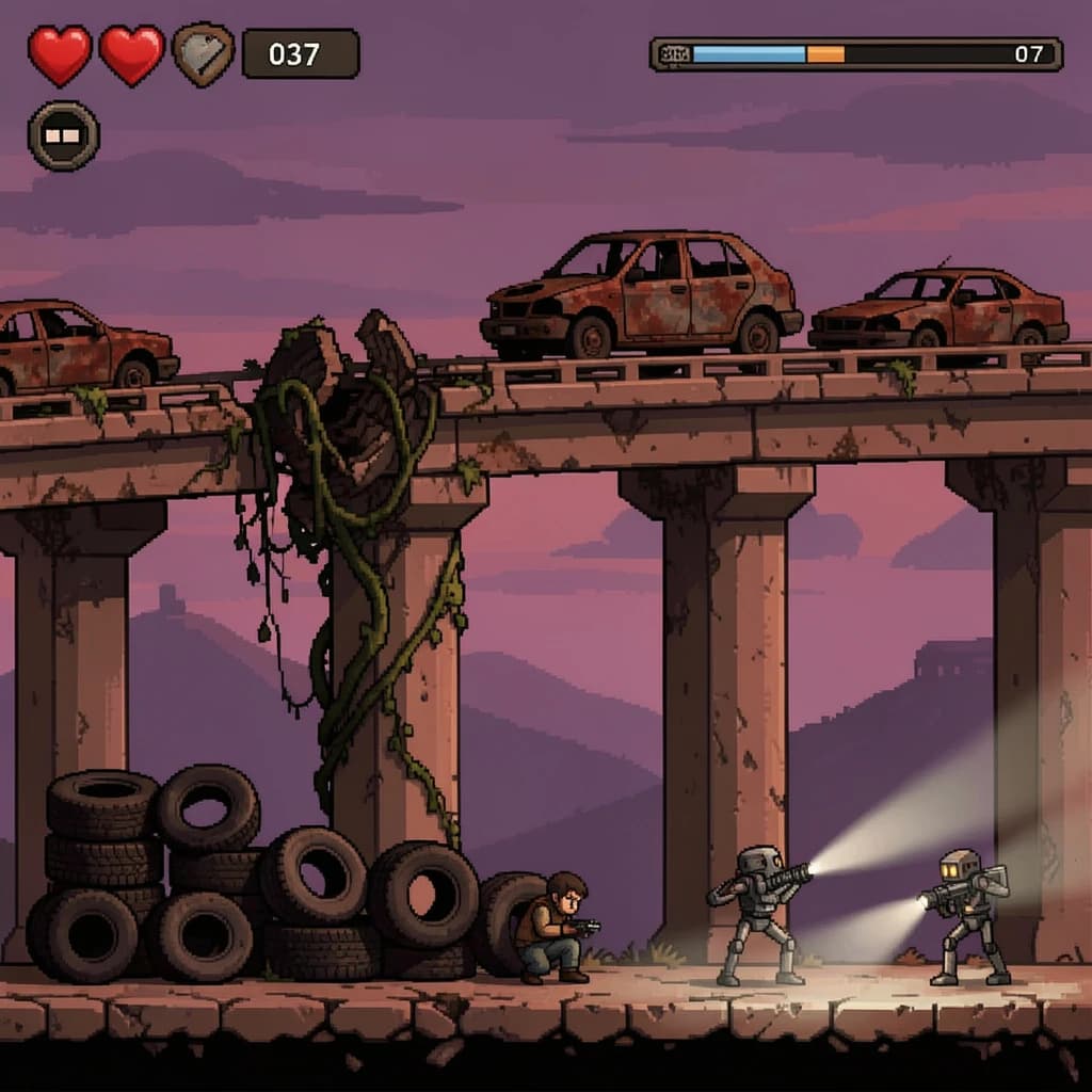 Side-scrolling pixel art screenshot from a post-apocalyptic survival platformer, dusk palette of rust and violet. A collapsed highway overpass cuts diagonally across the frame on four concrete support pillars, the second from the left snapped in half and wrapped in vines. On the deck above sit three burnt-out cars nose to tail, only the middle one still upright. Below, the player crouches behind a barricade of five stacked tires while two scavenger drones sweep flashlight cones in from the right. Top-left interface: three heart icons with the last half empty, a scrap counter reading "037", and a thin compass strip.