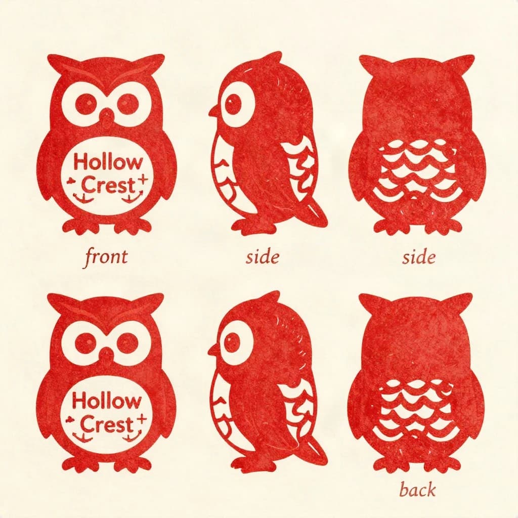 Linocut print: one bookstore owl mascot in three views. The views are captioned "front", "side" and "back" in that order. The wordmark "Hollow Crest" appears on every view with a small anchor mark beside it. The red-and-cream coloring is the same across every view, and only the angle changes.