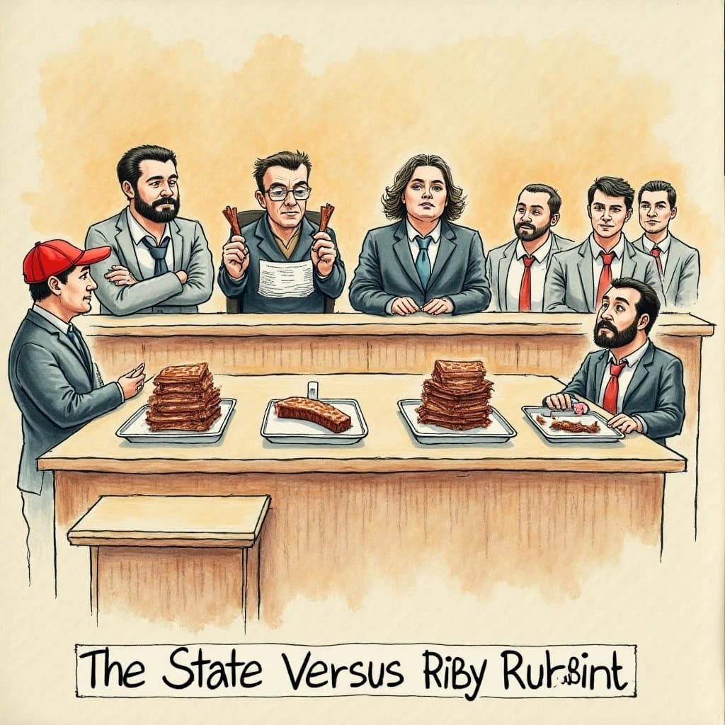 Courtroom sketch poster in colored pencil on toned paper for a barbecue joint's rib contest. The judges' bench sits at top center with three judges behind it, the middle one holding a rib up to the light while the other two turn toward each other. On the evidence table below stand four trays: two stacked with ribs, one holding a single burnt end, one empty. A pitmaster in a red cap stands at the podium on the left with his arms crossed. Six jurors fill the box on the right, five with napkins tucked into their collars and one without. Caption bar at the bottom reads "The State Versus Dry Ribs, Saturday".