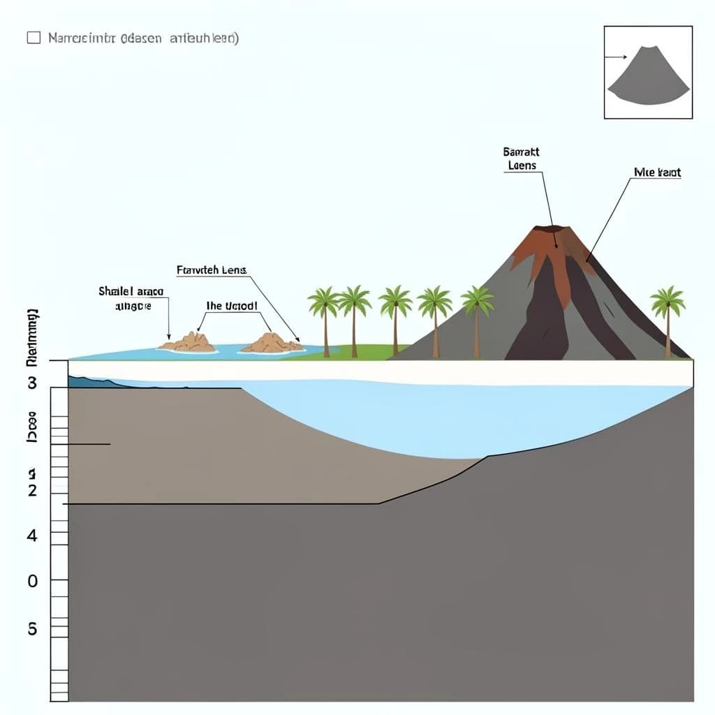 Cross section of a volcanic tropical island as a flat academic figure with clean colour blocks and a horizontal sea level line. Reading from the ocean on the left toward the right: a fringing reef crest, a shallow lagoon holding three coral heads, a white sand beach, a coconut palm belt of five trees, then a rising basalt cone with two lava layers picked out in darker grey, and a freshwater lens drawn as a pale blue dome under the middle of the island. Below sea level the flanks drop in three stepped terraces to a flat deep floor. Eight leader line labels, a depth scale down the left edge, and a small locator inset in the top right.