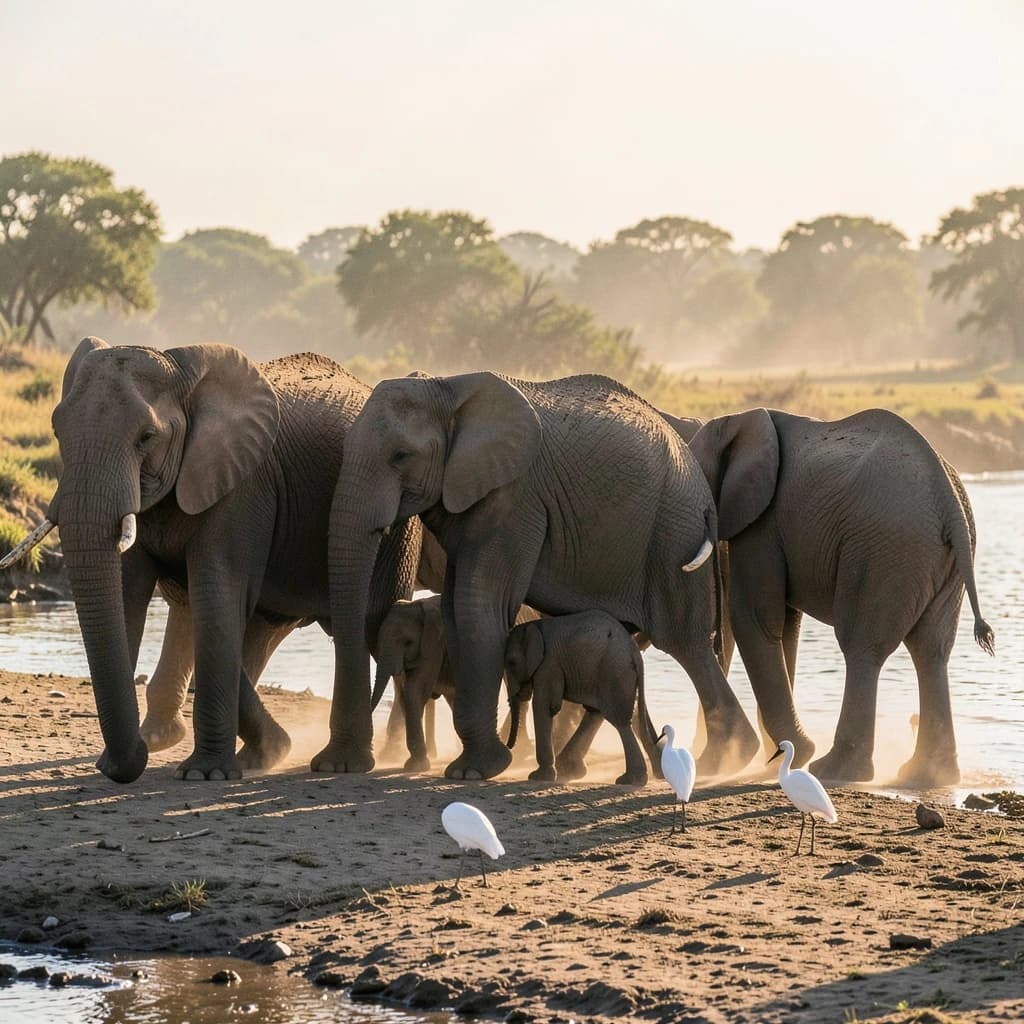 Wildlife photograph for a conservation campaign: a herd crossing a dusty riverbed in low sun. Seven elephants walking left to right, three adults flanking on the outside and two calves tucked between them, one adult trailing at the rear with a broken tusk, and the lead matriarch already up the far bank. Four egrets on the ground, only two of them near the calves. Long shadows, dust haze, nothing written in frame.
