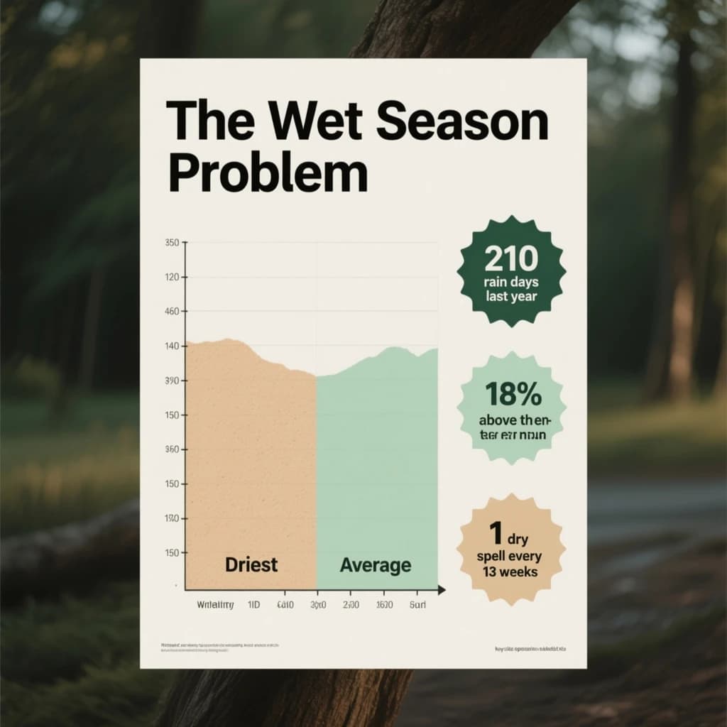 Printed poster titled "The Wet Season Problem". A twelve-month rainfall timeline sits at the center, carrying two keyed regions, "Driest" shaded sand and "Average" shaded pale green. Three stat chips run down a right column, reading "210 rain days last year", "18% above the ten-year mean" and "1 dry spell every 13 weeks". Each key color matches the shading of the region it names.