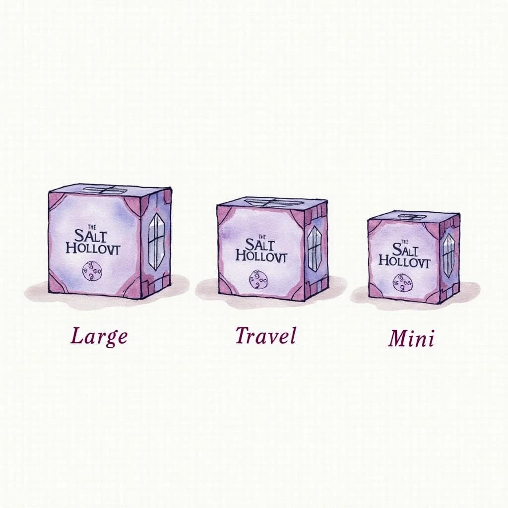 Watercolor of the same board-game box drawn in three editions, captioned "Large", "Travel" and "Mini", every edition carrying the wordmark "The Salt Hollow" in the same purple-and-white coloring, only the box size changing.