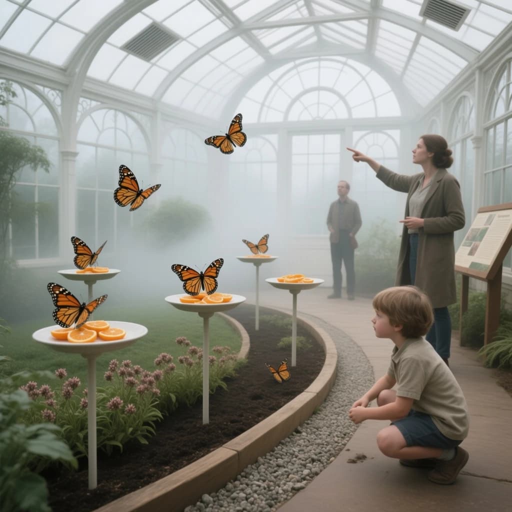 Interior render of a glasshouse butterfly conservatory, white cast iron arches and misted glass, humid morning light.
A raised planting bed spirals through the centre with a gravel path running around it. Five feeding stations on slim posts stand along the path, each holding a shallow dish of orange slices: monarch butterflies cluster on three of the dishes while two are untouched. Seven more monarchs rest on the milkweed in the bed and two are in flight above the path. Three visitors in the room, a child crouching at the nearest feeding station, an adult behind her pointing upward, and a guide standing at the far end beside an information board. Fine mist drifting near the roof vents. Physically based render.