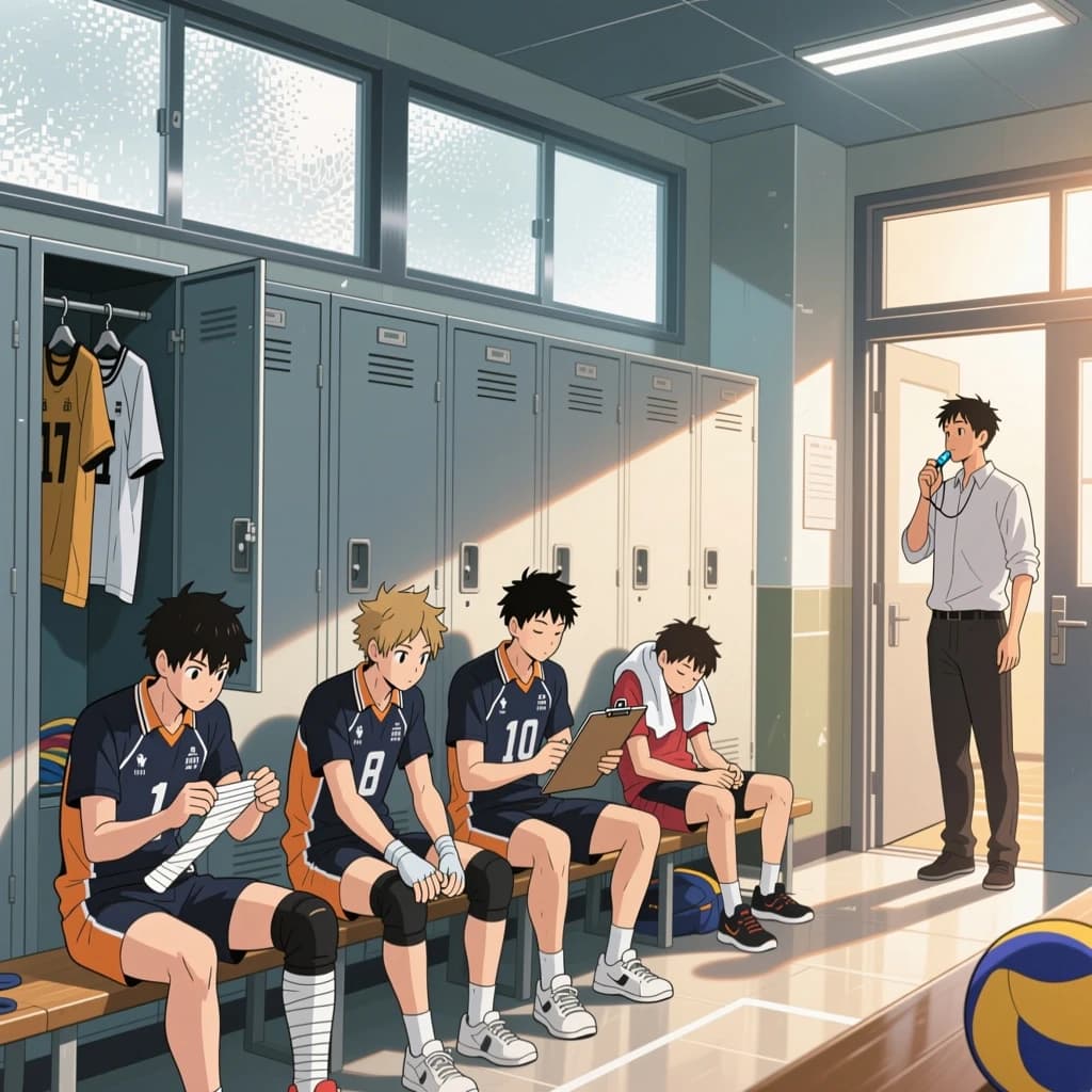 Modern anime interior for a high school volleyball series, wide view down a team locker room after practice. Eight lockers along the back wall in two banks of four, the three on the far left hanging open with jerseys spilling out and the rest shut. Four players occupy the foreground bench: the setter re-taping two fingers, the libero pulling on a knee sleeve, the captain reading a clipboard, and a first year asleep sitting upright with a towel over his face. A coach stands in the right doorway holding a whistle, half in shadow. Warm late-sun bars fall through high frosted windows, cel shading, clean bold linework.