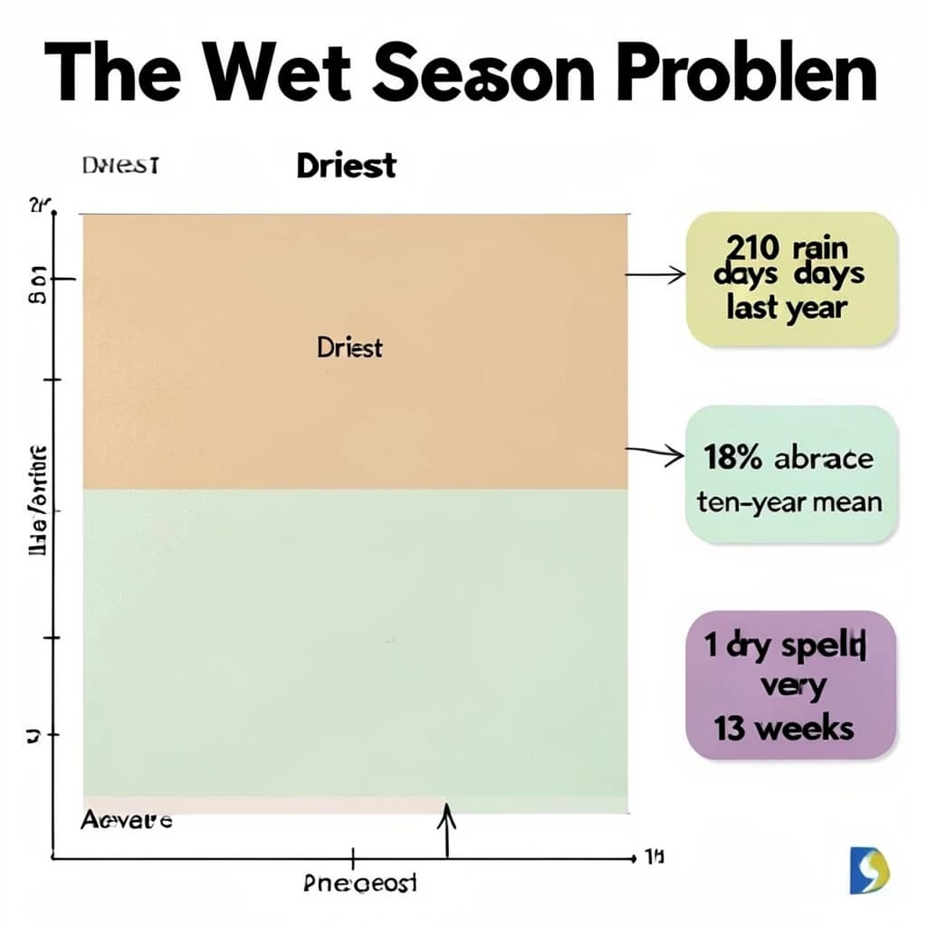 Printed poster titled "The Wet Season Problem". A twelve-month rainfall timeline sits at the center, carrying two keyed regions, "Driest" shaded sand and "Average" shaded pale green. Three stat chips run down a right column, reading "210 rain days last year", "18% above the ten-year mean" and "1 dry spell every 13 weeks". Each key color matches the shading of the region it names.