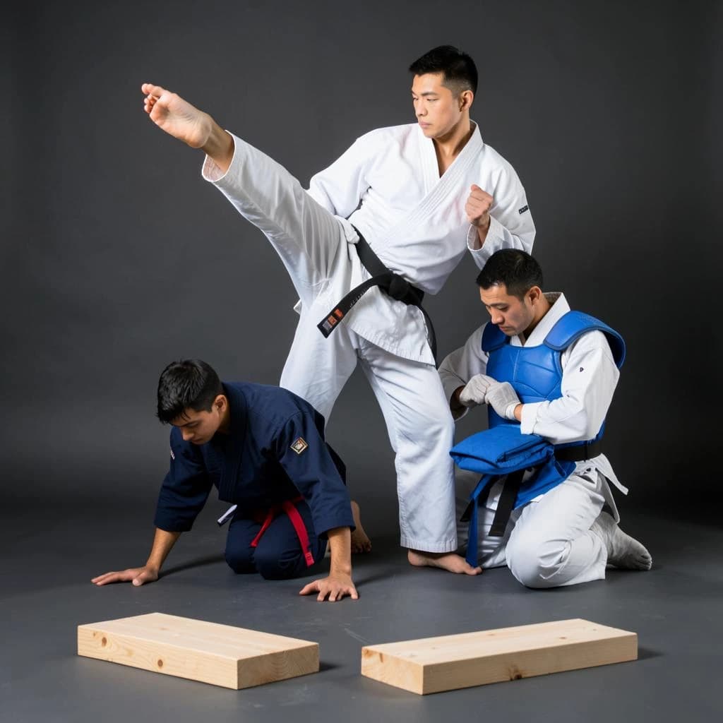 Studio photography, stunt and costume reference on a seamless charcoal backdrop, one hard key from camera left. Three taekwondo athletes in a tight diagonal: the tallest, in a white uniform with a black belt, holds a side kick frozen at chest height; the shortest, in navy with a red belt, ducks under it with both palms flat on the floor; the third kneels behind them fastening a blue chest guard onto a folded uniform. Two snapped pine boards lie at the front edge of the frame, a third board still whole in a holder's gloved hands.