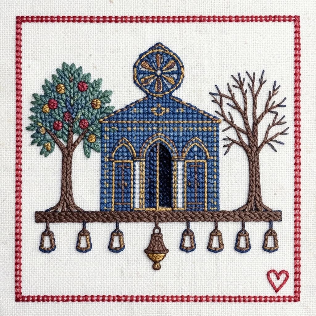 Pin stitched as a cross stitch sampler on natural linen, chunky visible stitches. Center: a synagogue front elevation in deep blue and gold thread, a rose window above three arched doors, the middle door taller and standing open while the two outer doors are closed. Two stitched olive trees flank the building, the left one heavy with fruit and the right one bare. Along the bottom, nine stitched lamps hang from a stitched beam with the middle lamp hanging lower than the rest. A narrow pomegranate border runs all the way around, with a small stitched heart in the bottom right corner.