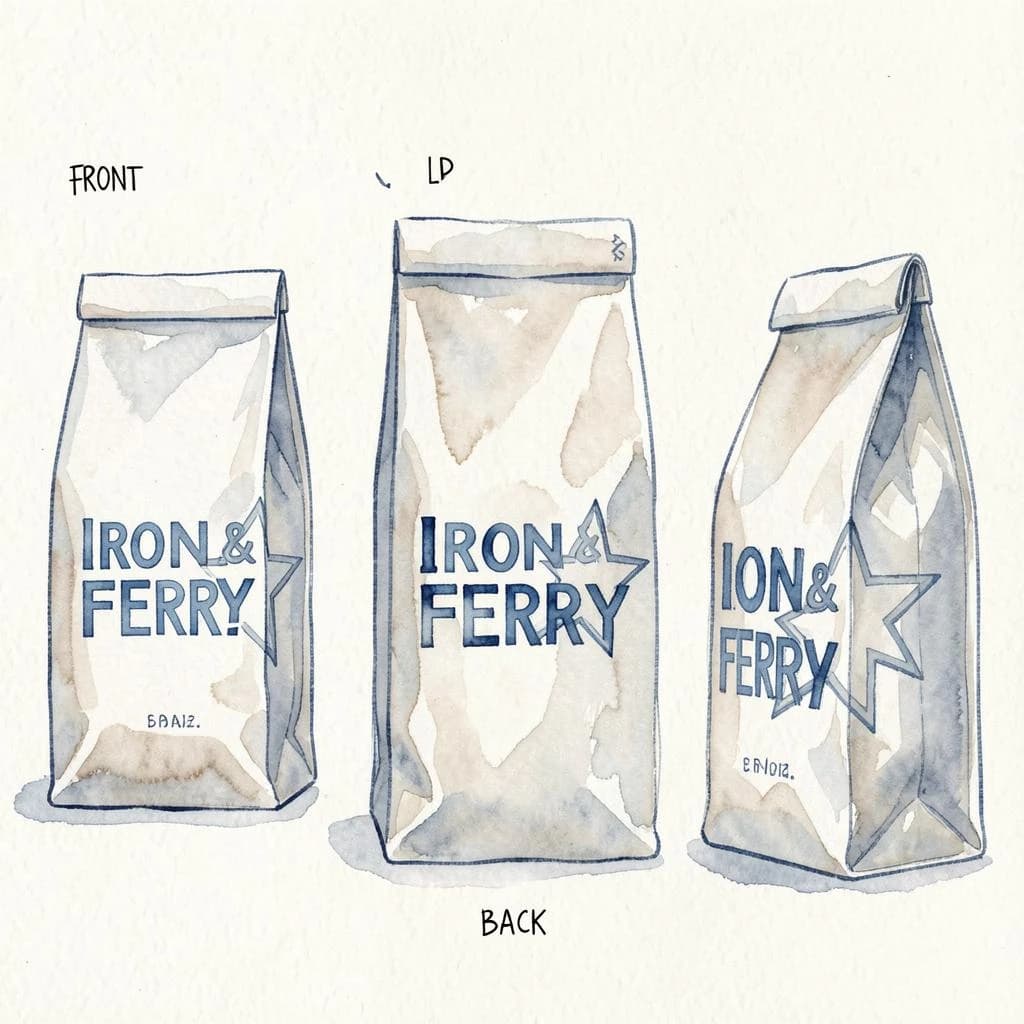Watercolor of the same coffee bag drawn in three views, captioned "front", "side" and "back", every view carrying the wordmark "Iron & Ferry" with a five-point star outline beside it in the same blue-and-silver coloring, only the angle changing.