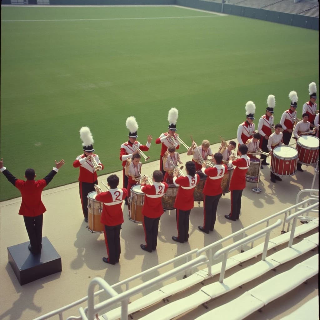 Nineteen seventies Kodachrome-era colour film look, faded warm grain and slight overexposure: a high school marching band seen from a stadium walkway. Front rank of five trumpet players in red and white uniforms, all with horns raised. Behind them three sousaphones in a triangle, the middle player caught mid turn. A line of four drummers to the right, the snare drummer nearest the camera mid stroke. A single drum major stands on a podium at the far left with his back to us, arms up. Empty green field behind them.