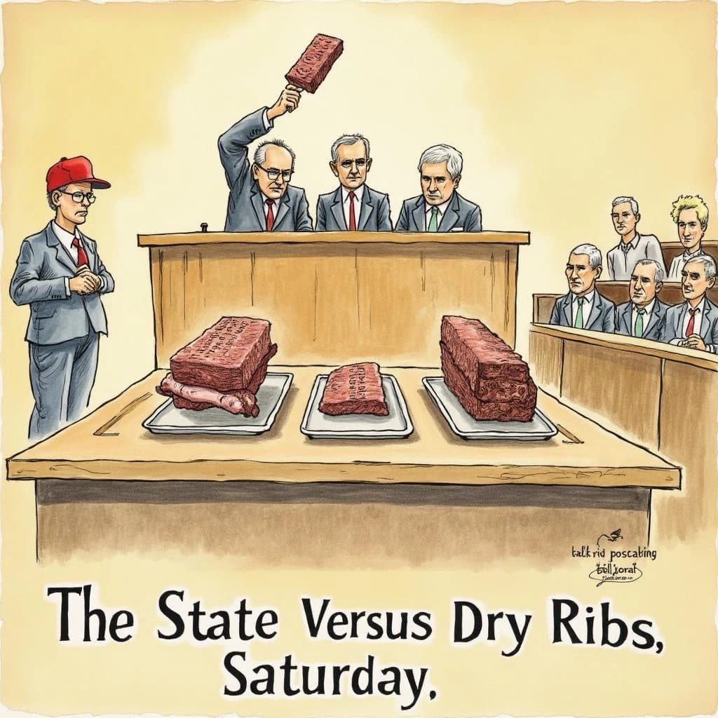 Courtroom sketch poster in colored pencil on toned paper for a barbecue joint's rib contest. The judges' bench sits at top center with three judges behind it, the middle one holding a rib up to the light while the other two turn toward each other. On the evidence table below stand four trays: two stacked with ribs, one holding a single burnt end, one empty. A pitmaster in a red cap stands at the podium on the left with his arms crossed. Six jurors fill the box on the right, five with napkins tucked into their collars and one without. Caption bar at the bottom reads "The State Versus Dry Ribs, Saturday".