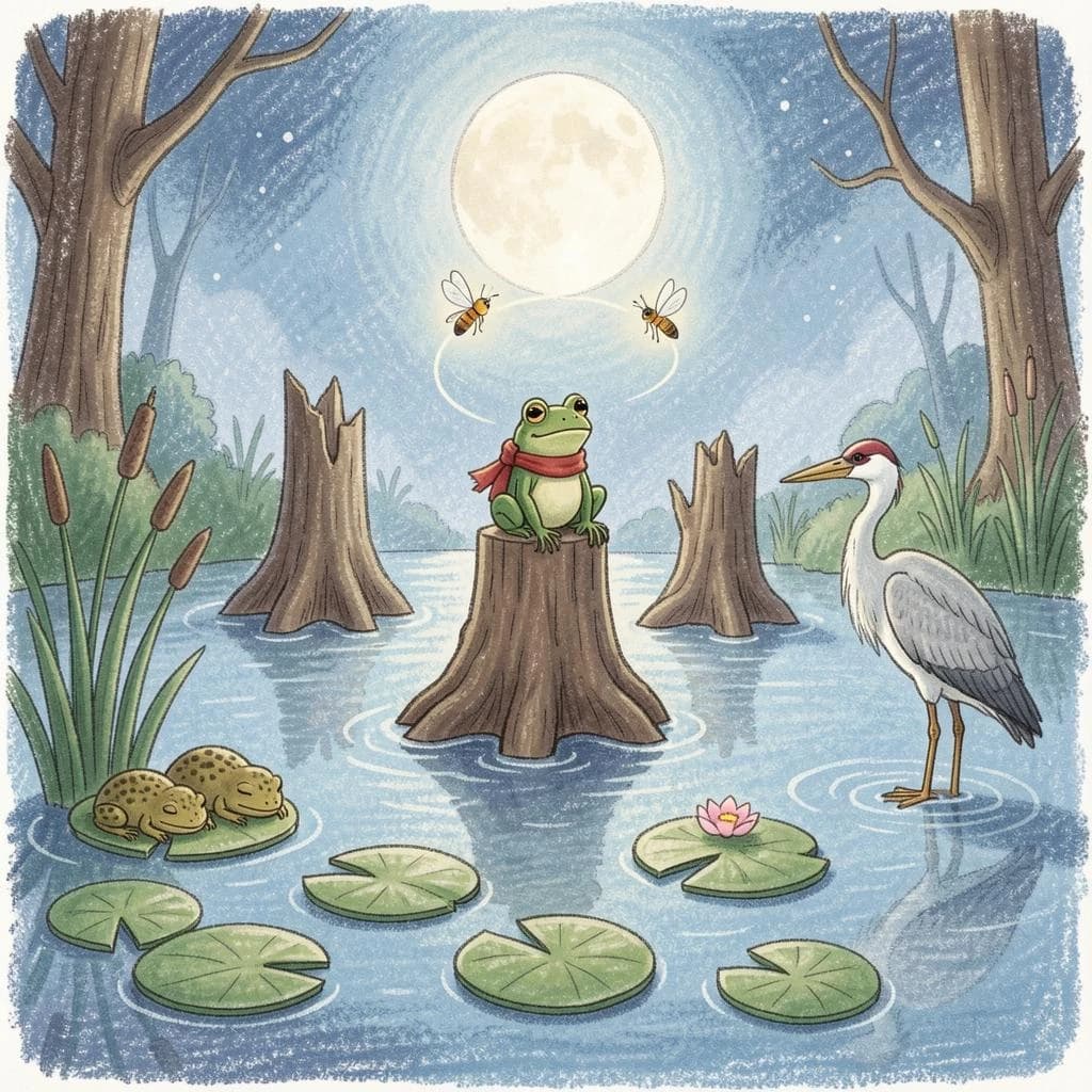 Story card in soft children's book illustration with crayon texture. A moonlit swamp with three cypress stumps in a row across the water. A small green frog in a red scarf sits on the middle stump. Two fireflies circle above his head while four more sit sleeping on the reeds to the left. A heron stands knee deep at the right edge, looking away from the frog. Nine lily pads float across the foreground, only one of them carrying a flower.