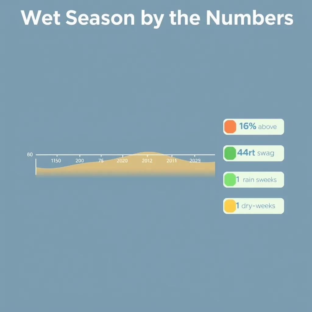 Flat vector illustration titled "Wet Season by the Numbers". A twelve-month rainfall timeline sits at the center, carrying three keyed regions, "Wettest" shaded dark blue, "Average" shaded pale green and "Driest" shaded sand. Three stat chips run down a right column, reading "16% above the ten-year mean", "85 rain days last year" and "1 dry spell every 6 weeks". Each key color matches the shading of the region it names.