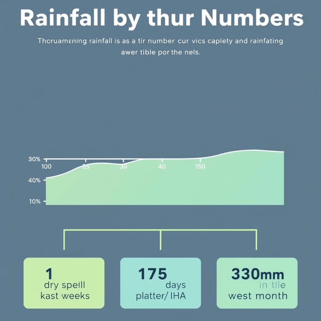Flat infographic titled "Rainfall by the Numbers": at the center a twelve-month rainfall timeline, carrying two keyed regions, "Average" shaded pale green and "Wettest" shaded dark blue, beside a bottom row of three stat chips reading "1 dry spell every 4 weeks", "175 rain days last year" and "380mm in the wettest month".