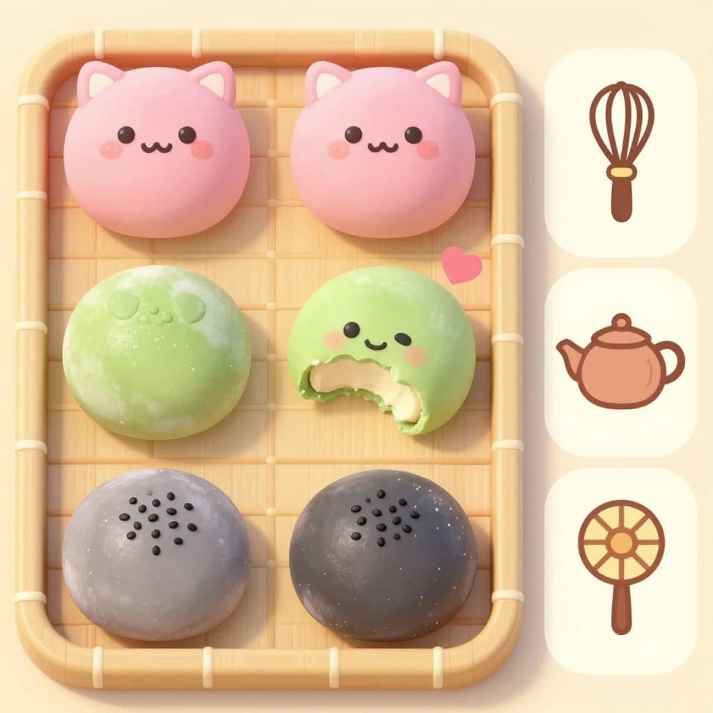 Match three board for a cozy sweets game, cute stylized 3D animation look. Nine mochi in a three by three grid on a bamboo tray: the top row strawberry pink, the middle row matcha green, the bottom row black sesame grey. The center green one has a bite taken out and a small heart icon floating above it. Two of the pink mochi wear tiny cat ears. To the right of the tray, a vertical strip of three power up icons, a whisk, a teapot and a fan. Soft pastel lighting, glossy dusted surfaces.