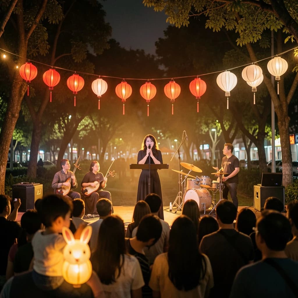Concert photography, a Mid-Autumn Festival night in a Hong Kong park, shot from inside the crowd toward a low stage lit by warm floods. A singer at the centre microphone holds a note with both hands off the stand; on her left two erhu players sit side by side, on her right a single drummer stands. Eleven paper lanterns hang above the stage, the seven red ones strung in a line and the four white ones clustered at the right end. In the near foreground, out of focus, a child on a father's shoulders holds a rabbit lantern.