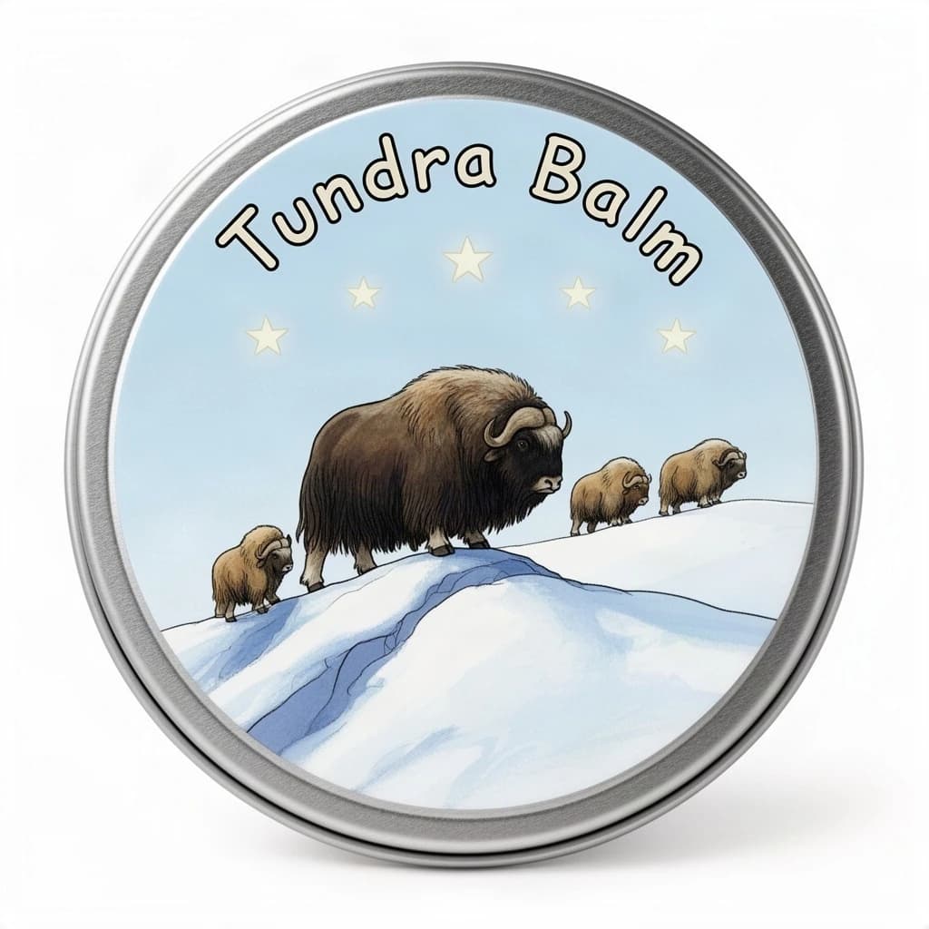 Children's illustration for a balm tin lid: a shaggy musk ox on a snowy ridge with three smaller ones following behind in a line, four pale stars in the sky above, and "Tundra Balm" curved along the top edge in rounded lettering.