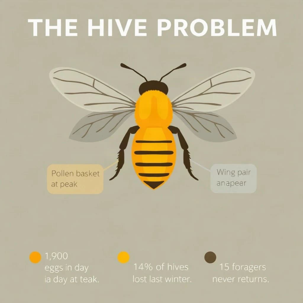 Flat vector illustration titled "The Hive Problem". A labeled bee diagram sits at the center, carrying two keyed regions, "Pollen basket" shaded amber and "Wing pair" shaded slate. Three stat chips run down a bottom row, reading "1,900 eggs a day at peak", "14% of hives lost last winter" and "1 in 15 foragers never returns". Each key color matches the shading of the region it names.