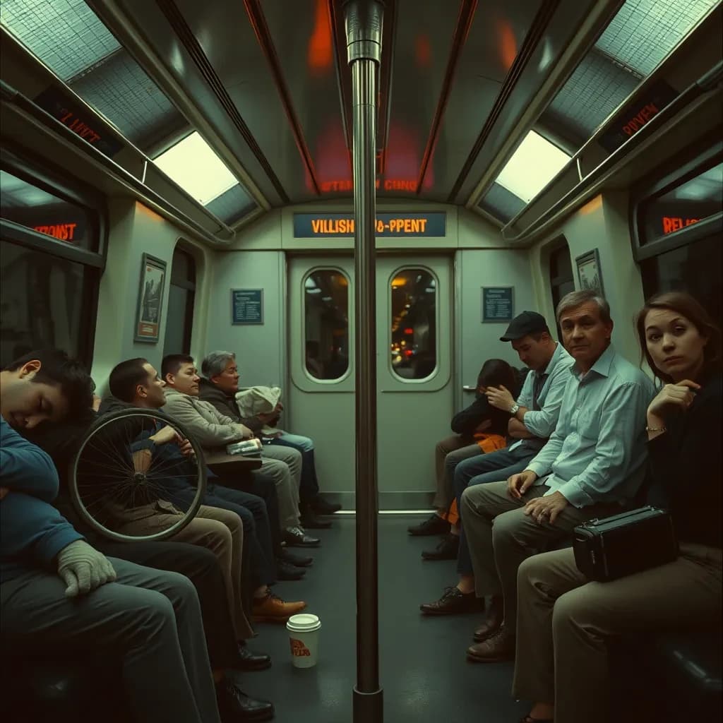 Cinematic photograph inside a late night subway car, handheld, lit only by flickering ceiling strips and orange platform light sliding past the windows. Nine passengers down the car: the three on the left bench all sleep with heads tipped at different angles, the four on the right bench are awake, one folding a paper bag, one holding a bike wheel upright between his knees, one wrapping her own wrist in tape, one staring straight into the lens. Two more stand at the far doors gripping the same pole with a violin case wedged between them. An empty seat beside the nearest sleeper, a coffee cup rolling under it.