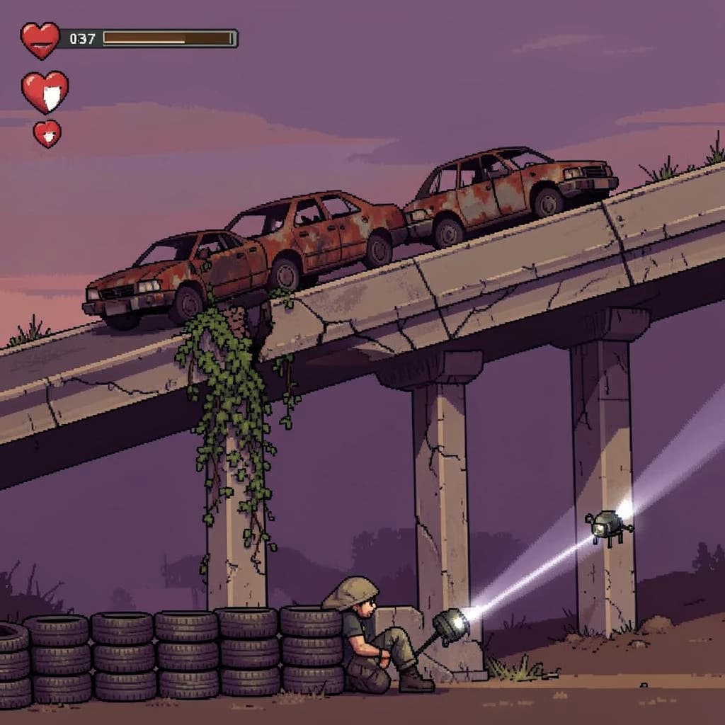Side-scrolling pixel art screenshot from a post-apocalyptic survival platformer, dusk palette of rust and violet. A collapsed highway overpass cuts diagonally across the frame on four concrete support pillars, the second from the left snapped in half and wrapped in vines. On the deck above sit three burnt-out cars nose to tail, only the middle one still upright. Below, the player crouches behind a barricade of five stacked tires while two scavenger drones sweep flashlight cones in from the right. Top-left interface: three heart icons with the last half empty, a scrap counter reading "037", and a thin compass strip.