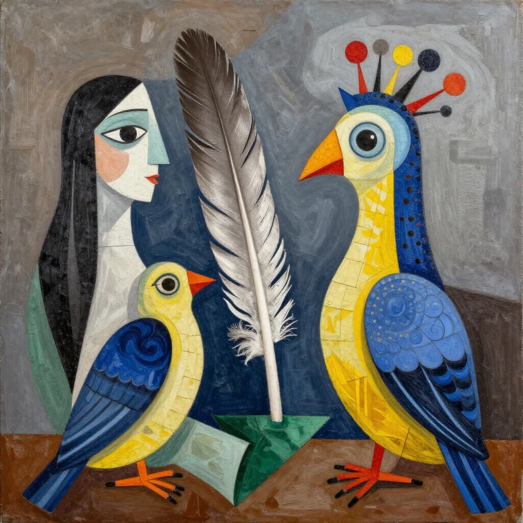 Flight Feather and Catalufa in Hanoi, Vietnam in the style of cubist