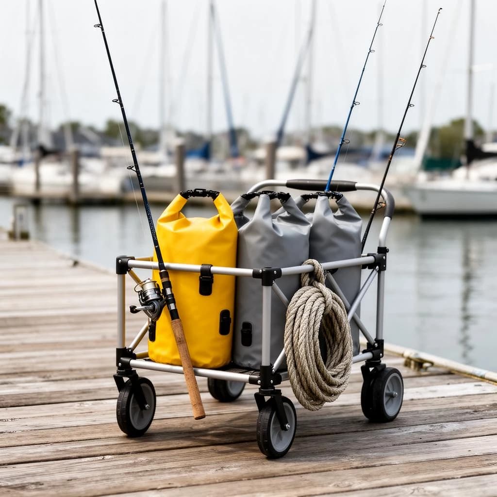 Lifestyle listing photo on a marina dock: a folding dock cart holding three dry bags, the largest yellow and the two smaller ones grey, two fishing rods leaning against the handle, and one coiled dock line hanging from the front rail. Masts blurred behind.