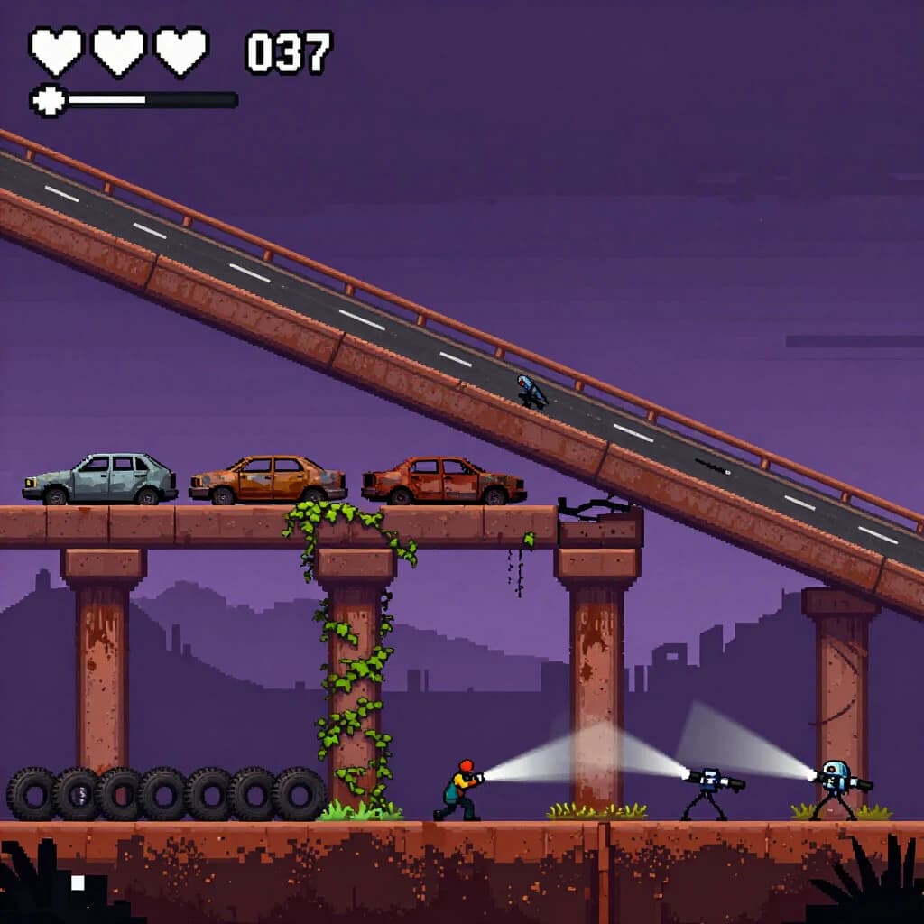 Side-scrolling pixel art screenshot from a post-apocalyptic survival platformer, dusk palette of rust and violet. A collapsed highway overpass cuts diagonally across the frame on four concrete support pillars, the second from the left snapped in half and wrapped in vines. On the deck above sit three burnt-out cars nose to tail, only the middle one still upright. Below, the player crouches behind a barricade of five stacked tires while two scavenger drones sweep flashlight cones in from the right. Top-left interface: three heart icons with the last half empty, a scrap counter reading "037", and a thin compass strip.
