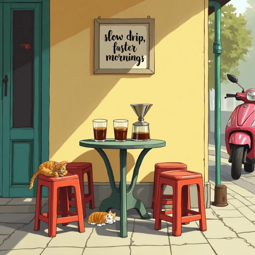 A frame from a hand drawn animated cel, inked outlines and flat gouache paint, warm morning light: a street cafe with four low plastic stools around a metal table. Three glasses of Vietnamese iced coffee sit on the table, two stirred through to caramel brown and one still black over an unmixed white layer of condensed milk. A metal phin filter drips into a fourth glass at the table edge. A cat sleeps under the stool nearest the kerb, and a scooter passes behind, cropped by the frame edge. Hand lettered sign on the wall: "Slow drip, faster mornings".