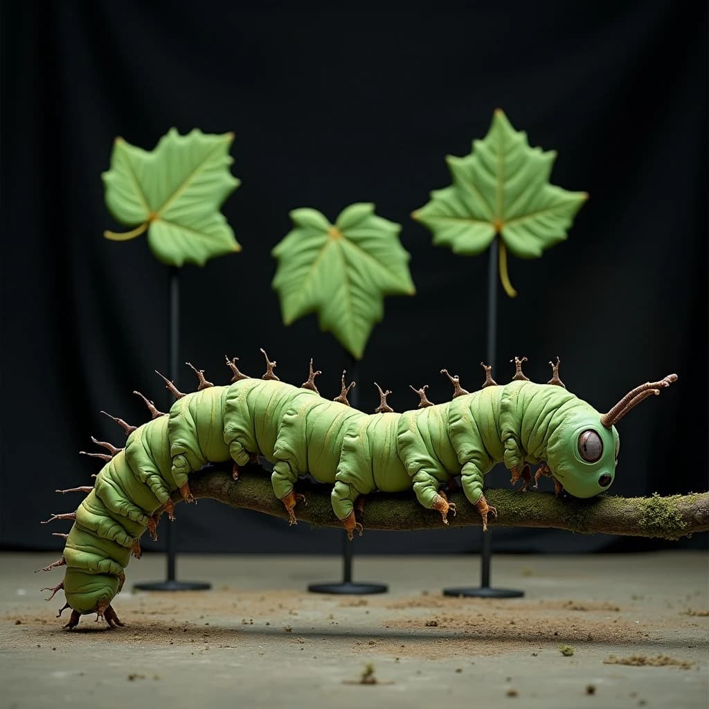 Macro photography of a practical effects test on a soundstage floor. A metre-long animatronic caterpillar puppet, dull green with a cream stripe, arched over a moss-covered branch: eight pairs of stubby legs, the front three pairs gripping the branch, the rest hanging free. Two thin black rods run out of frame to the right where a puppeteer's hands are just visible, and a third rod supports the head, which is turned toward camera with its mandibles open. Behind it, three sprayed foam leaves on stands, the middle one already chewed through. Hard key from above, black felt background, dust in the air.