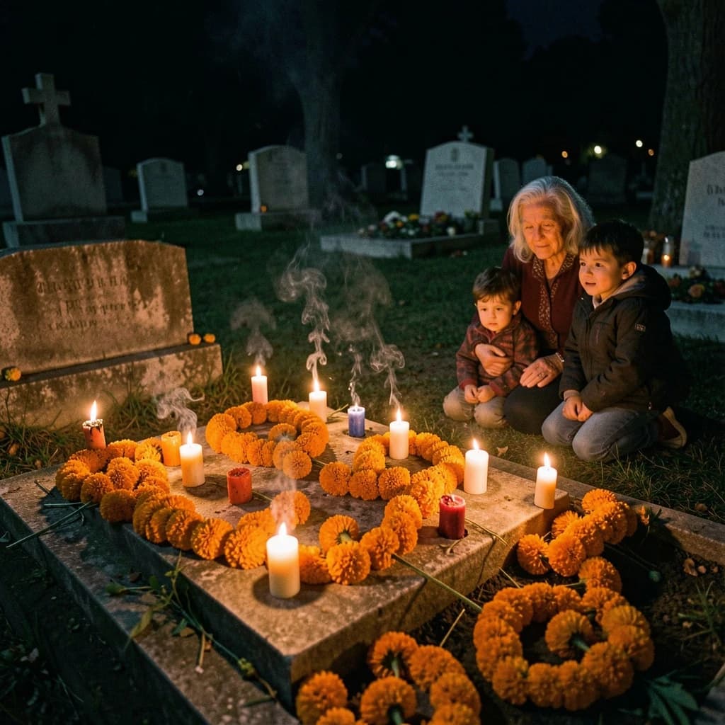 Photojournalism frame from a cemetery vigil at night: one grave slab carrying seven marigold garlands and nine lit candles, three of the candles guttered out and smoking, a grandmother and two children kneeling along the near edge.