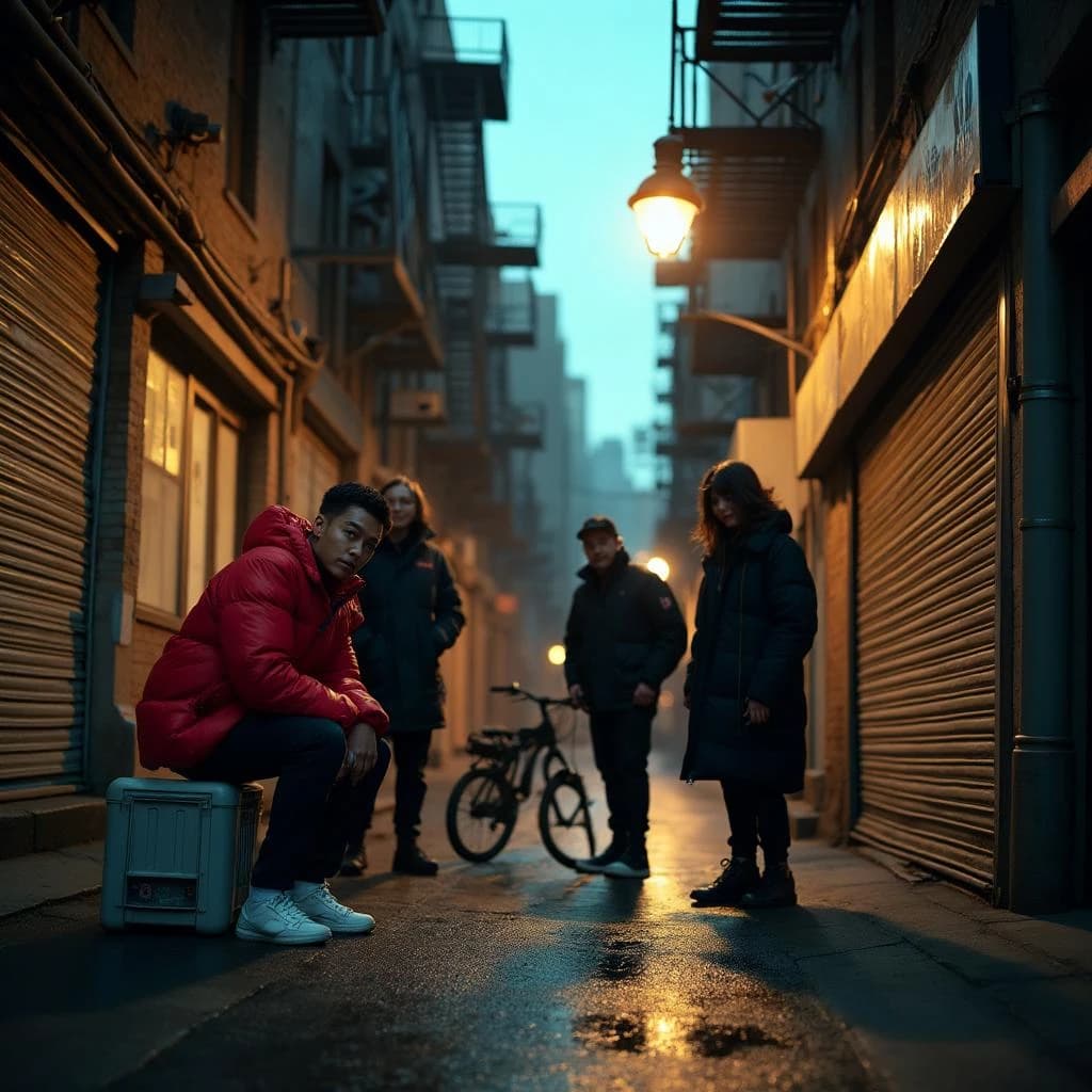 Cinematic photograph for a streetwear campaign, shot straight down a narrow rain-slick alleyway at dusk. Four models spread through the depth of the frame: the nearest crouches on a milk crate in a red puffer, two stand mid-alley in matching black coats, one leaning on a roll-up shutter and one holding a lollipop, and the farthest stands under the single working lamp in white. Three of the six fire escapes above carry laundry lines; the rest are bare. A delivery bike lies on its side between the two middle models. Blurred street traffic only at the far end.
